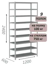 Стеллаж металлический полочный МС-750 2400х1200х600, 9 полок, светло-серый